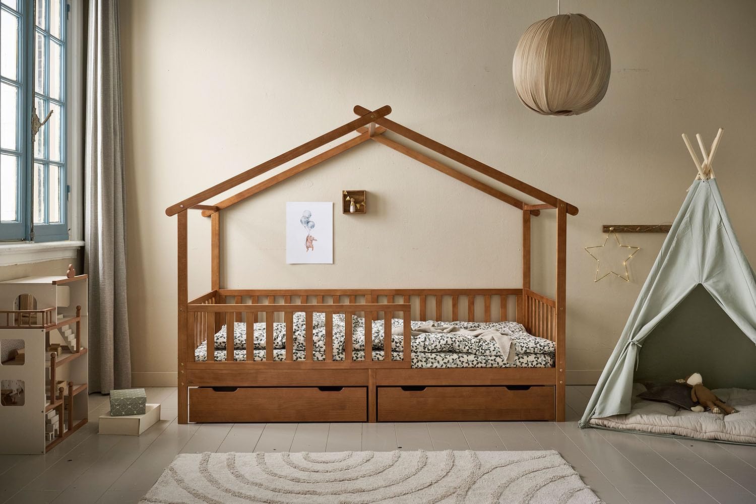 Petite Amélie Hausbett Maison - 90x200 cm - Walnuss– Kinderbett mit Lattenrost – Flexible und abnehmbare Seitengitter
