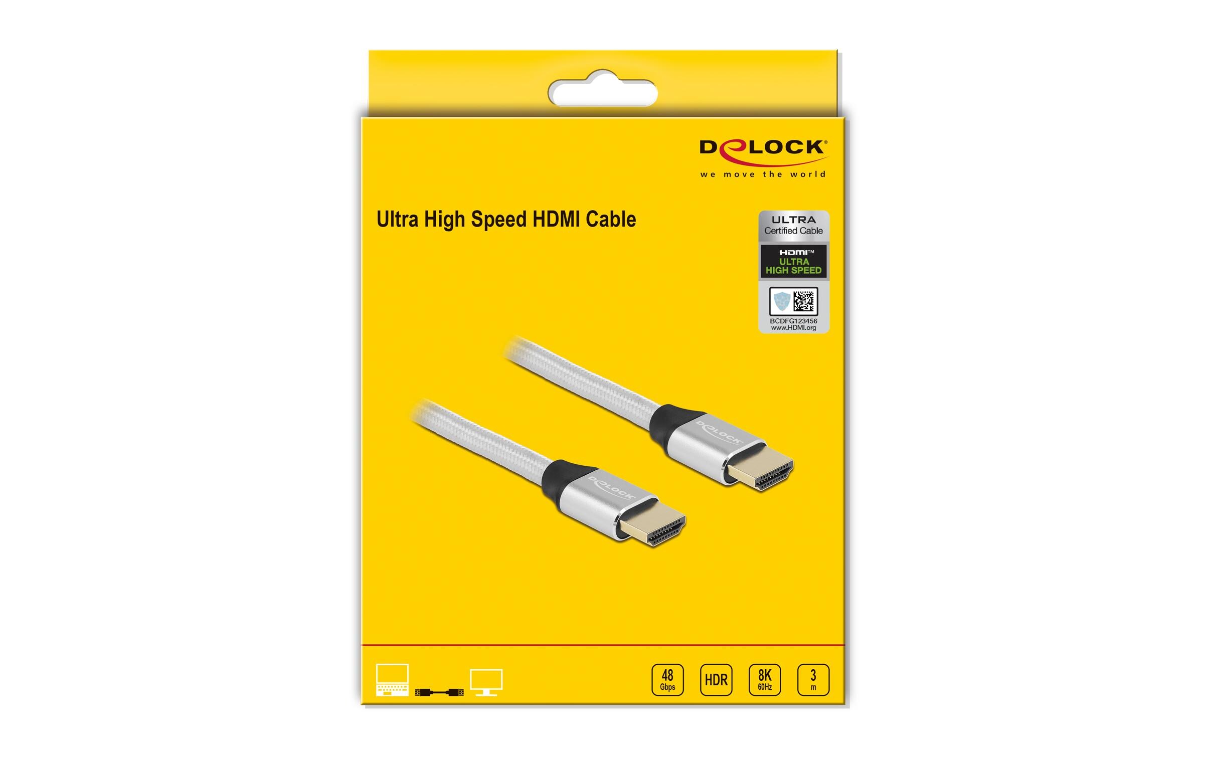 Kabel 8K 60Hz HDMI - HDMI, 3 m, SilberDelock Ultra High Speed HDMI Kabel 48 Gbps 8K 60 Hz silber 3 m zertifiziert
