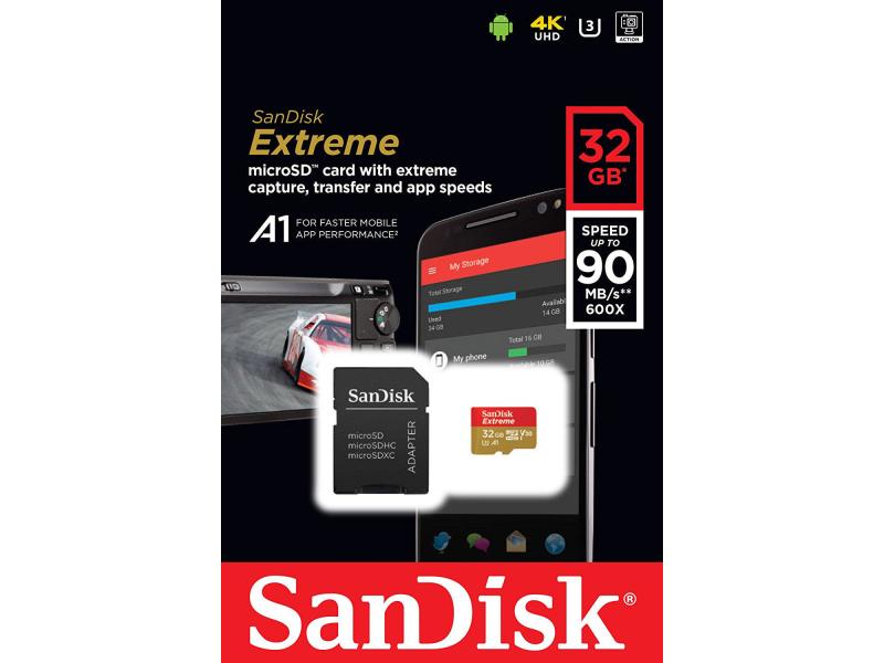 SanDisk microSDHC-Karte Extreme UHS-I U3 32 GB SD-Karte, UHS-I U3 V30 A1, 32 GB