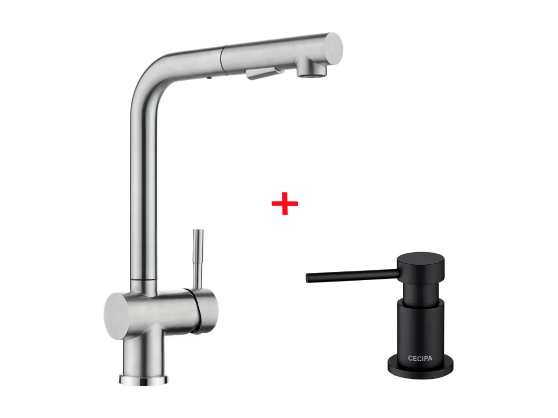 Cecipa max Robinet Cuisine avec Douchette Mitigeur Douchette d'évier Extractible, Pivotant à 360° + Distributeur de Savon de Cuisine Noir