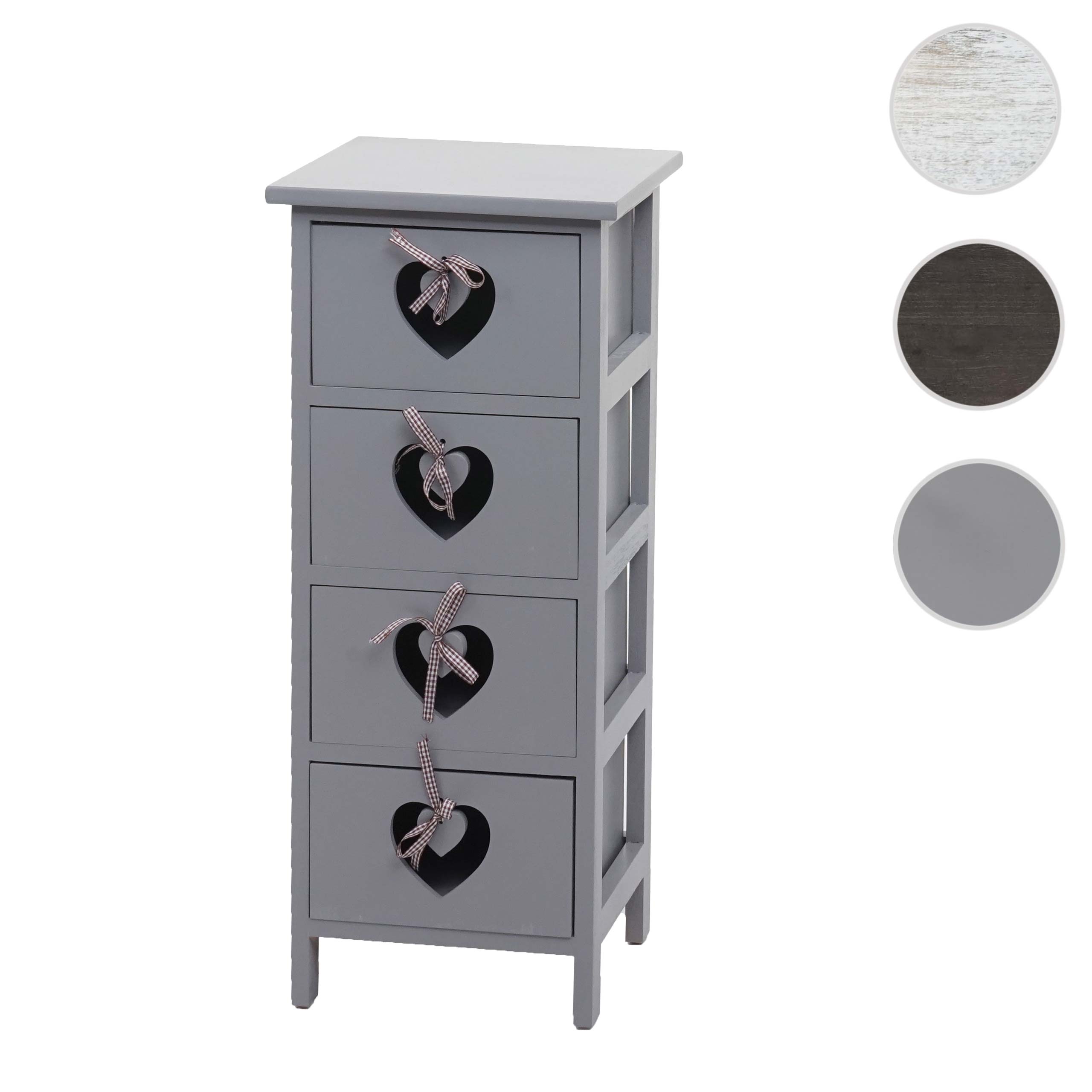 Kommode Sues, Schubladenkommode Schrank, 4 Schubladen mit Herzen 70x29x25cm, Shabby-Look, Vintage ~ grau-blau