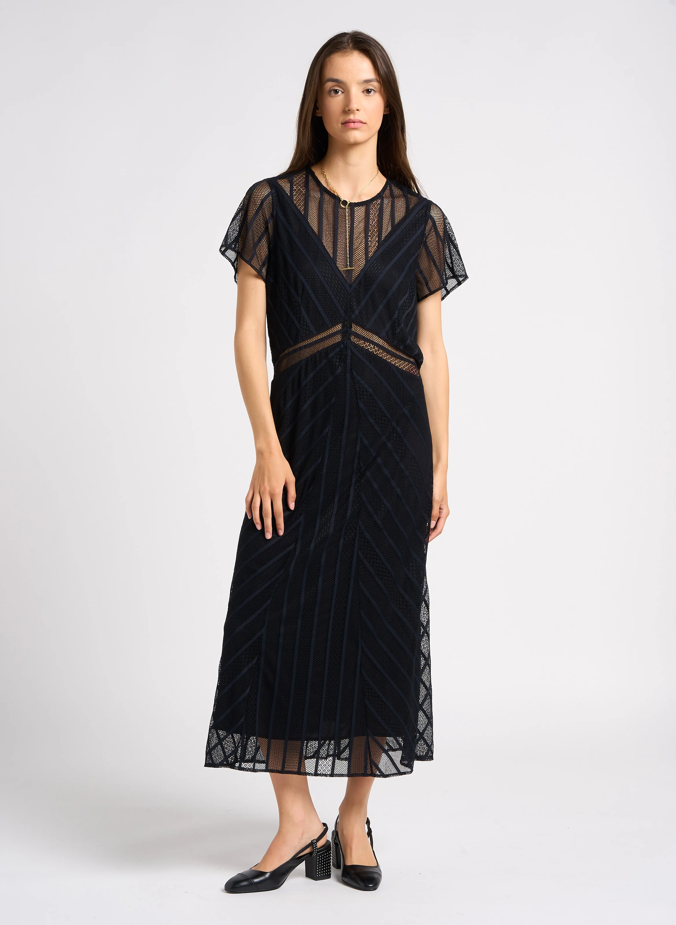 Robe midi droite col rond en dentelle | Noir