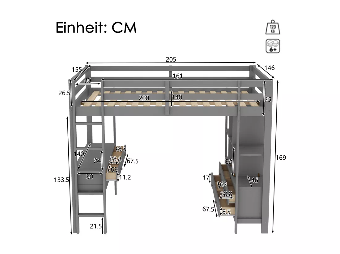 Lit mezzanine 140x200cm en pin massif avec bureau + tiroirs + étagères + sommier à lattes - Gris