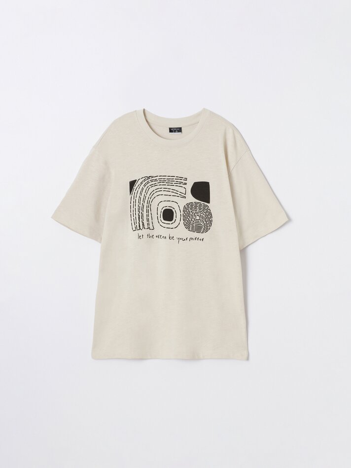 Camiseta estampada com efeito linho - Bege