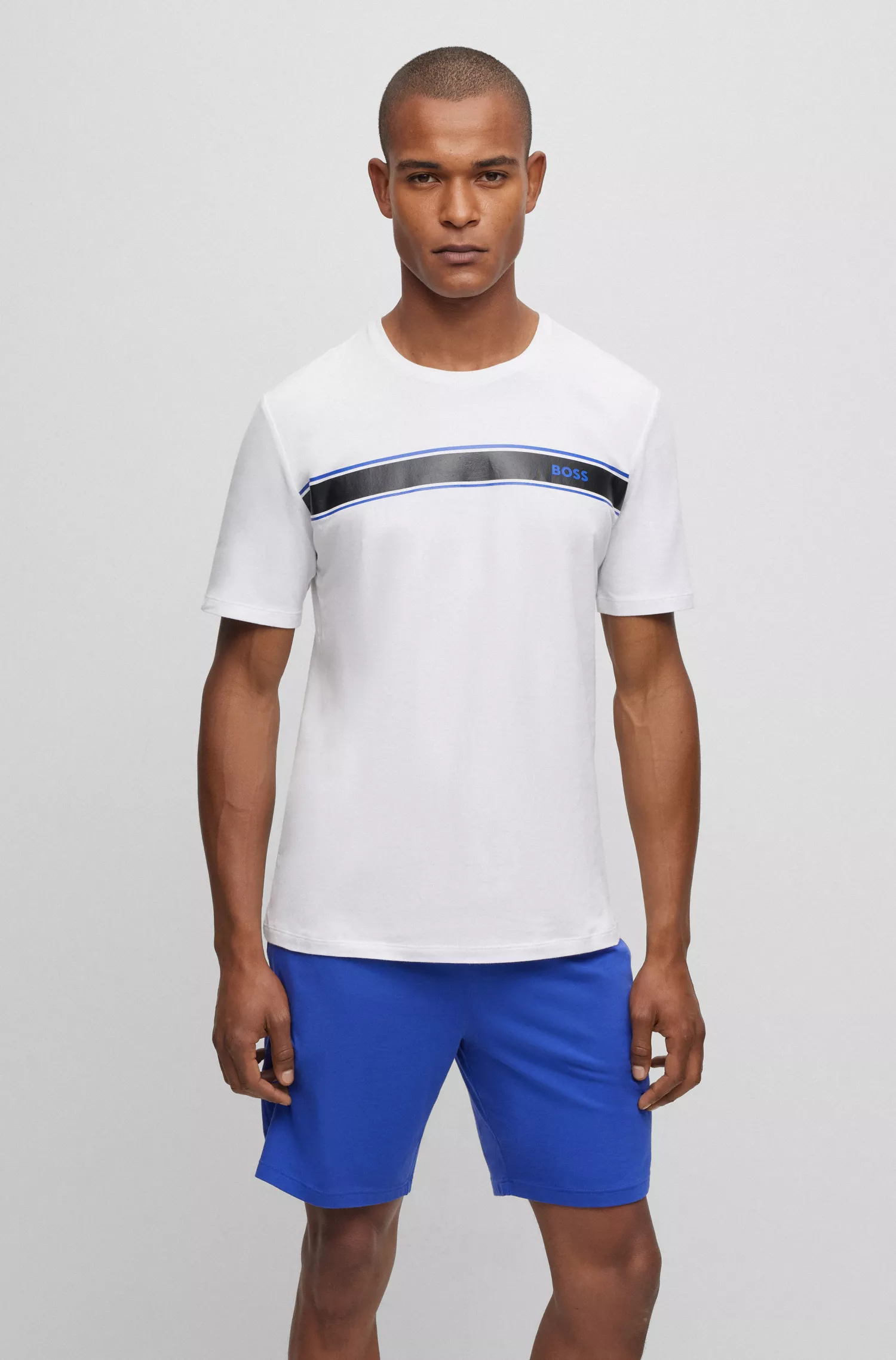 Camiseta de pijama BOSS preta em algodão stretch com listras e logotipo.