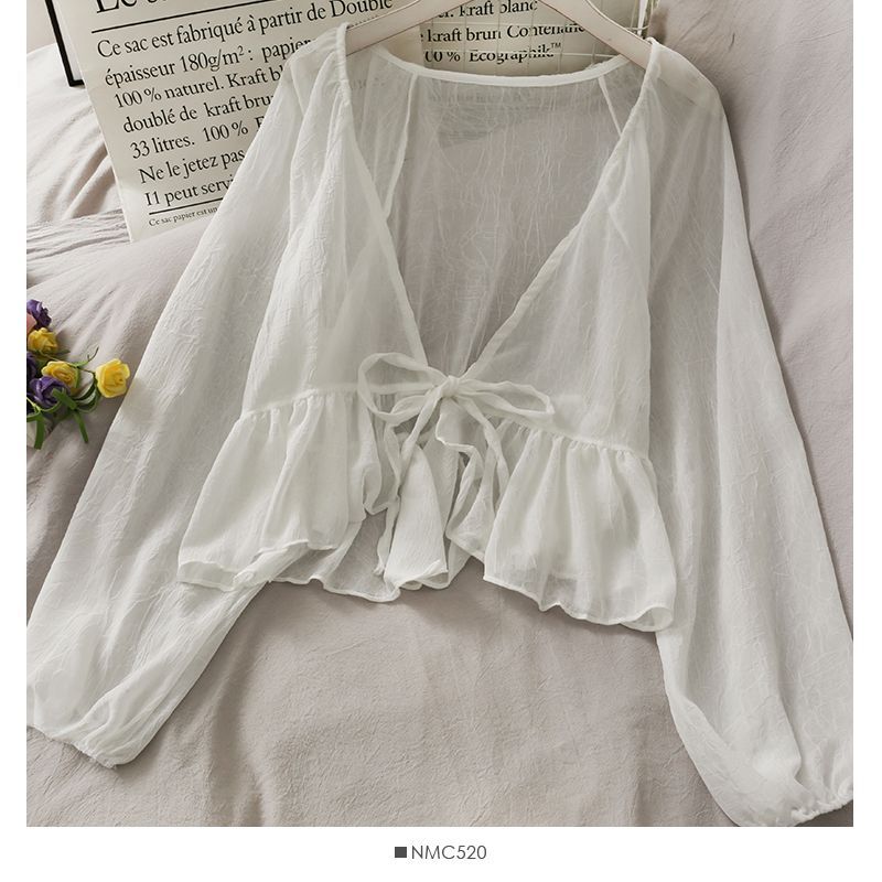 Lemongrass - Chiffon vest met strikceintuur en ballonmouwen