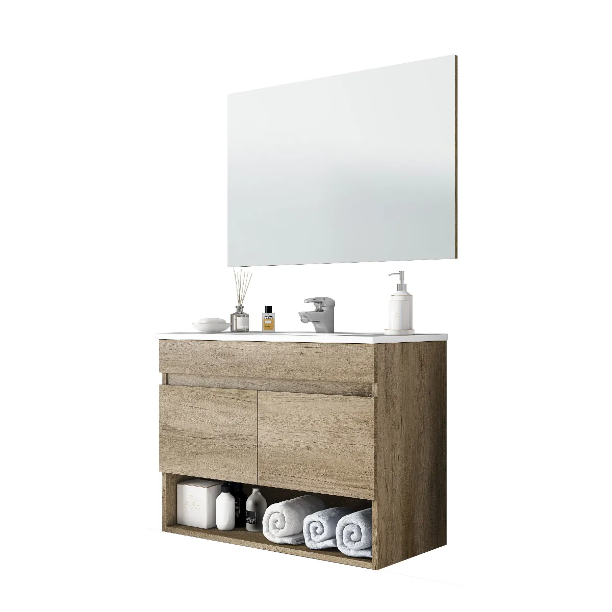Alter Meuble sous-vasque suspendu avec miroir - Chêne imitation bois brut