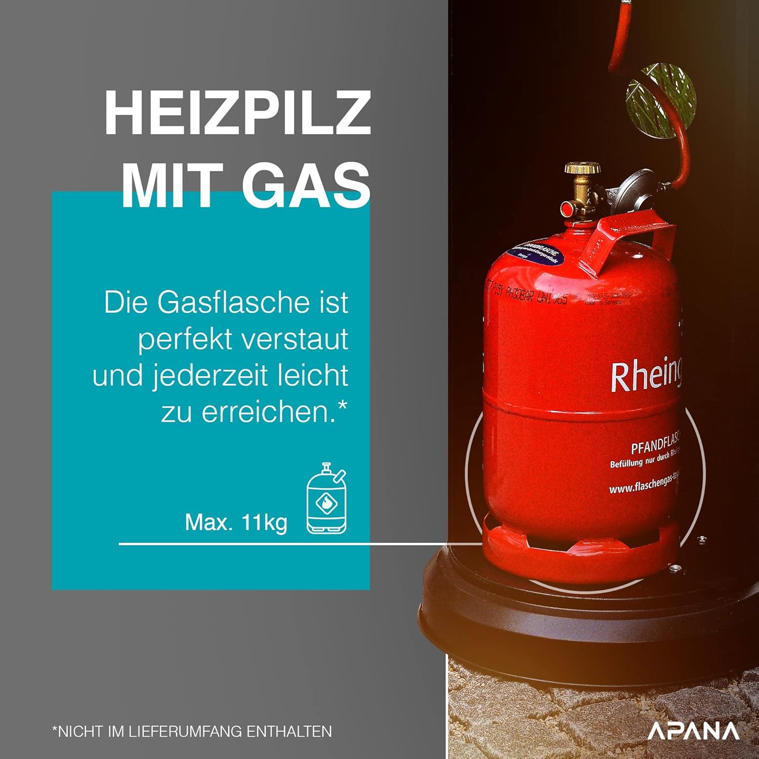 APANA 14kW Gas Heizpilz Bellamente ONE – Terrassenheizer mit Abschaltautomatik, Umkippsicherung, Gasheizstrahler für außen, Anthrazit, Outdoor Heizstrahler, Transportrollen Balkon Garten