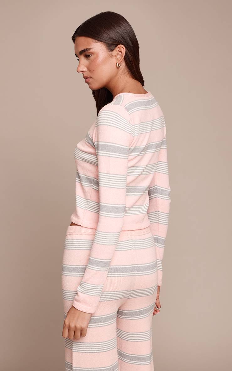 Rose T-shirt En Maille À Rayures Et Manches Longues