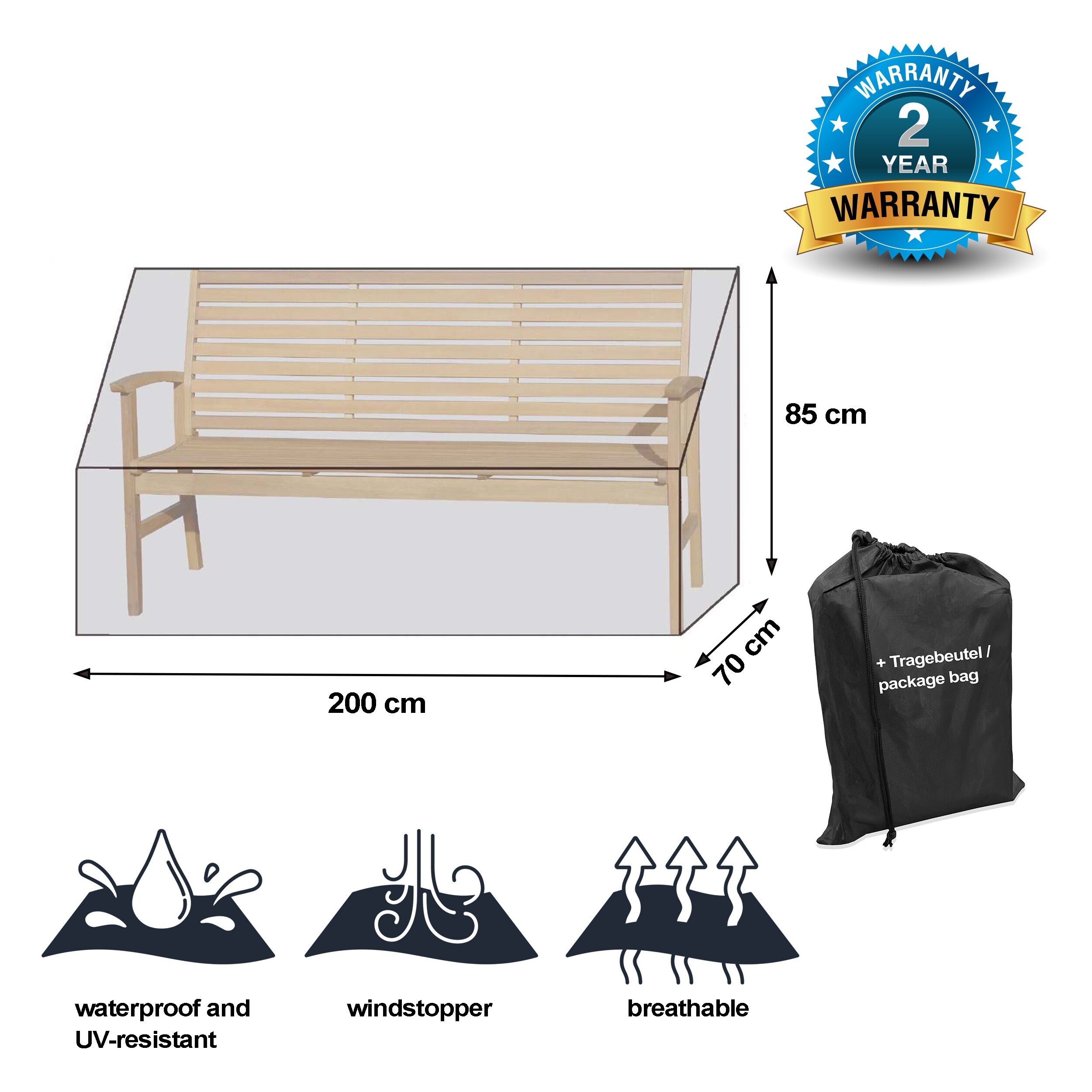 Grasekamp Black Premium Gartenbankhülle200x70x85cm / garden bench cover /atmungsaktiv / breathable