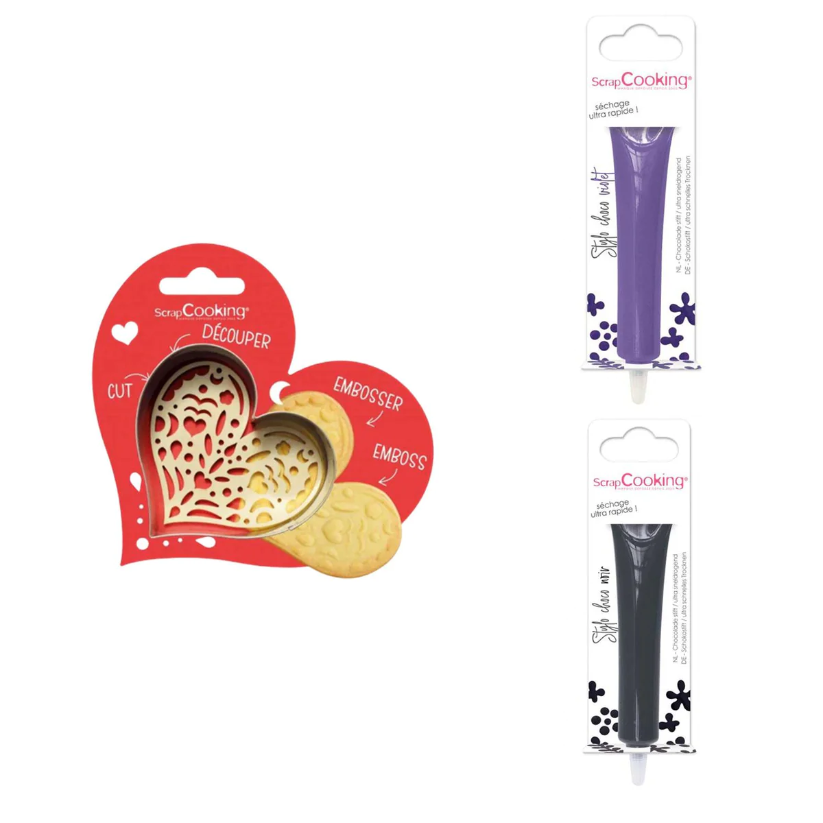 Kit pour biscuit en relief Coeur + 2 Stylos au chocolat violet et noir