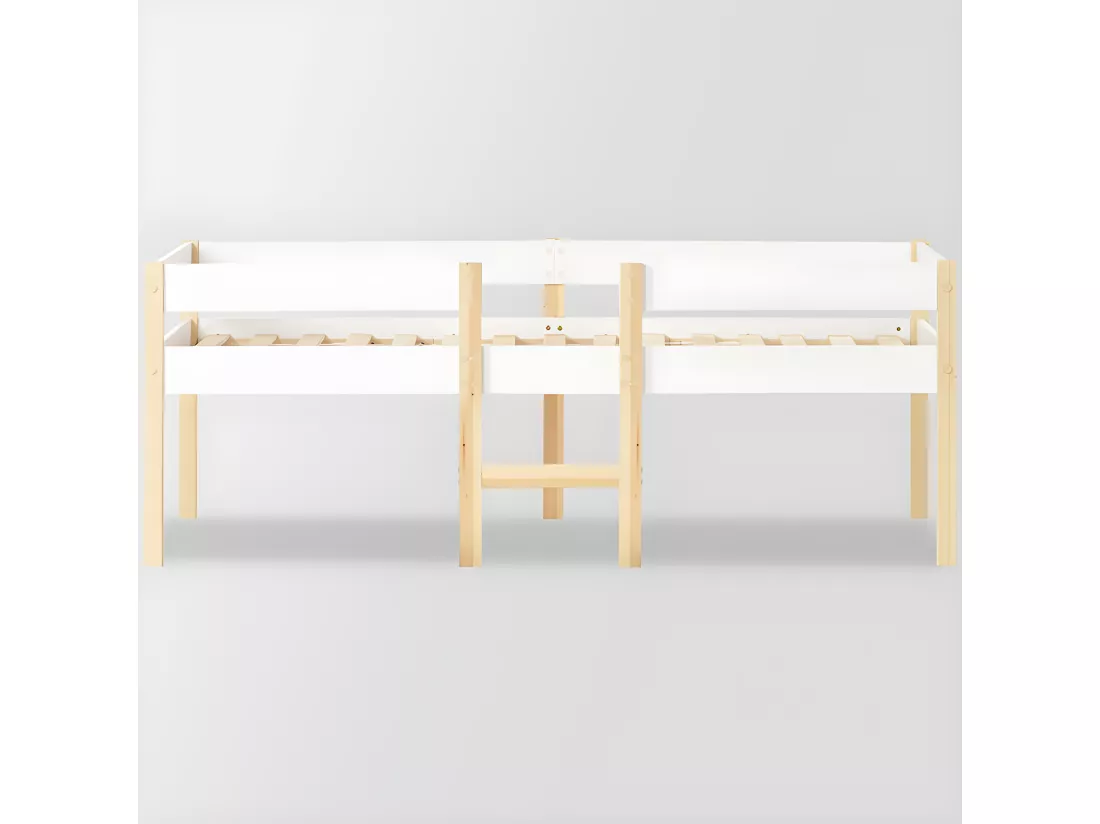 Lit mezzanine avec barrières de sécurité - en bois de pin massif - 90x190 cm - Blanc