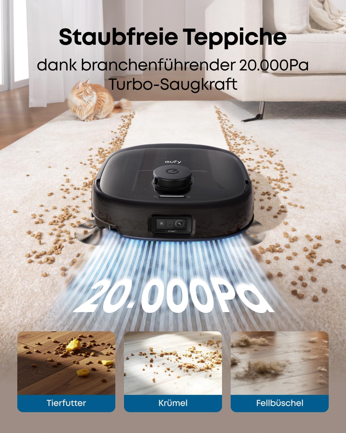 eufy Omni E25 HydroJet Saugroboter mit Wischfunktion, 20.000Pa Turbo-Saugkraft, DuroSpiral Entwirrbürsten, CornerRover Arm für Ecken, All-in-One-Station, für Tiere & Kinder.