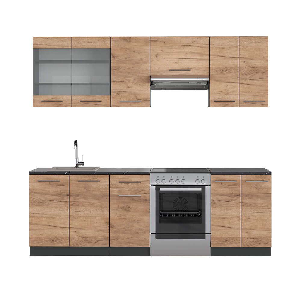 Vicco Küchenzeile Küchenblock Einbauküche Fame-Line Anthrazit Eiche 240 cm modern Küchen Schränke Spülenunterschrank Schubunterschrank Hängeschrank Hängeglasschrank