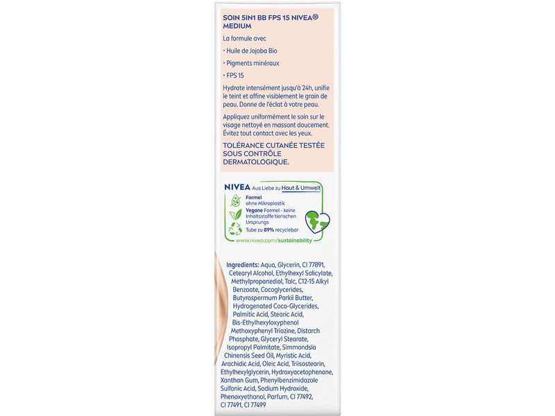NIVEA Tagescrème 5in1 BB Mittel LSF 15 50 ml Getönte Tagespflege mit 5-fach-Wirkung für einen sofort makellosen Teint