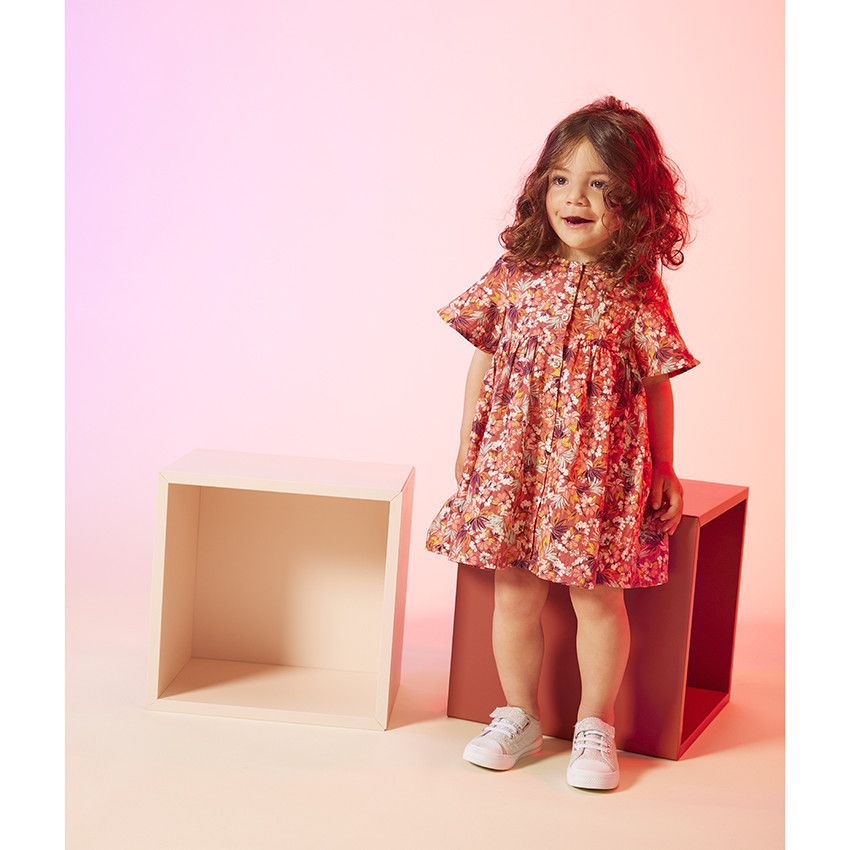 Robe manches courtes en toile imprimé fleuri pour bébé fille - Fuchsia