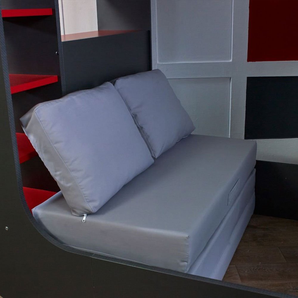PodBed Grey and Red Gaming High Sleeper with Grey Sofa