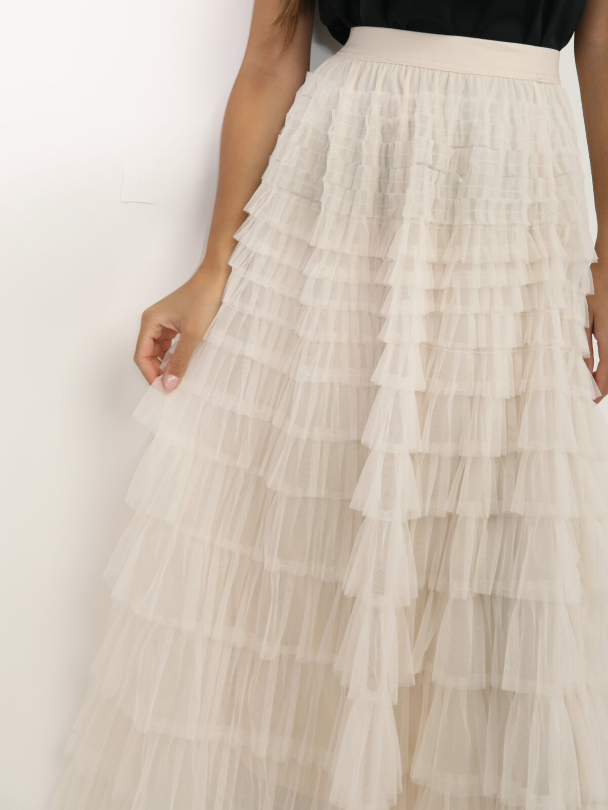Jupe longue en tulle à volants- Beige