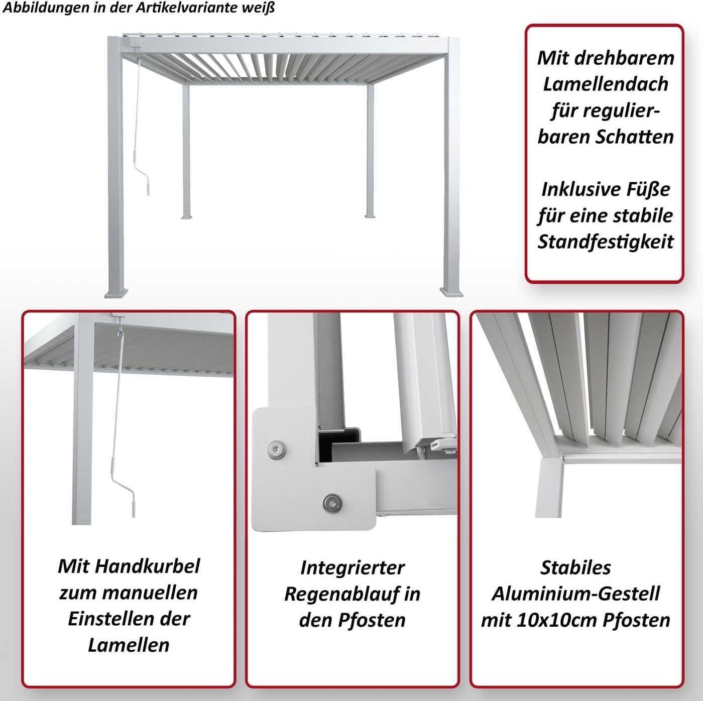 Alu Pergola HWC-N94, Lamellen-Pavillon Terrassenüberdachung, stabiles 10cm-Metall-Gestell 3x3m - anthrazit