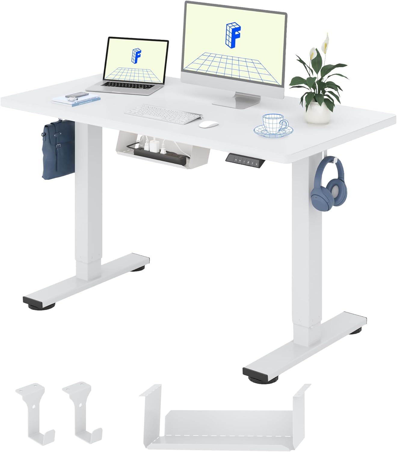 FlexiSpot Höhenverstellbarer Schreibtisch Basic–Mit Kabelmanagement, Haken und EINTEILIGER Tischplatte, Ergonomischer Homeoffice-Tisch, Bürotisch (100x60cm, Weiß)