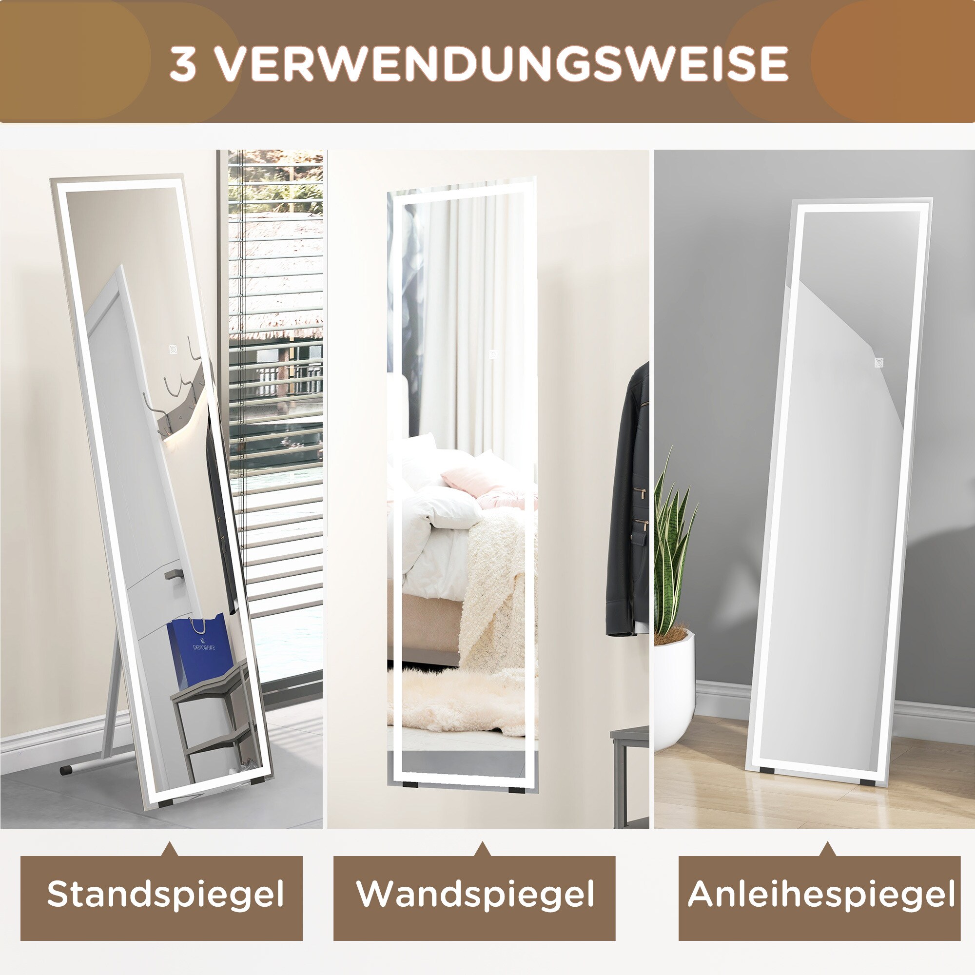 HOMCOM Ganzkörperspiegel mit Beleuchtung weiß 150L x 40B x 2,9H cm