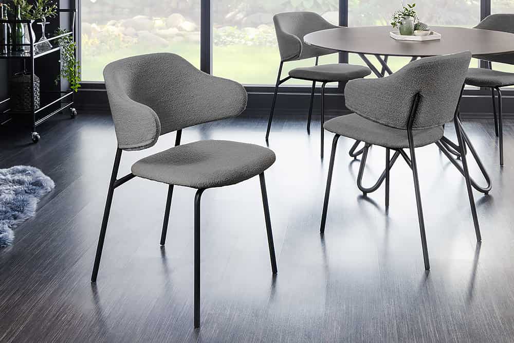 Design Stuhl VOGUE grau Bouclé schwarze Metallbeine