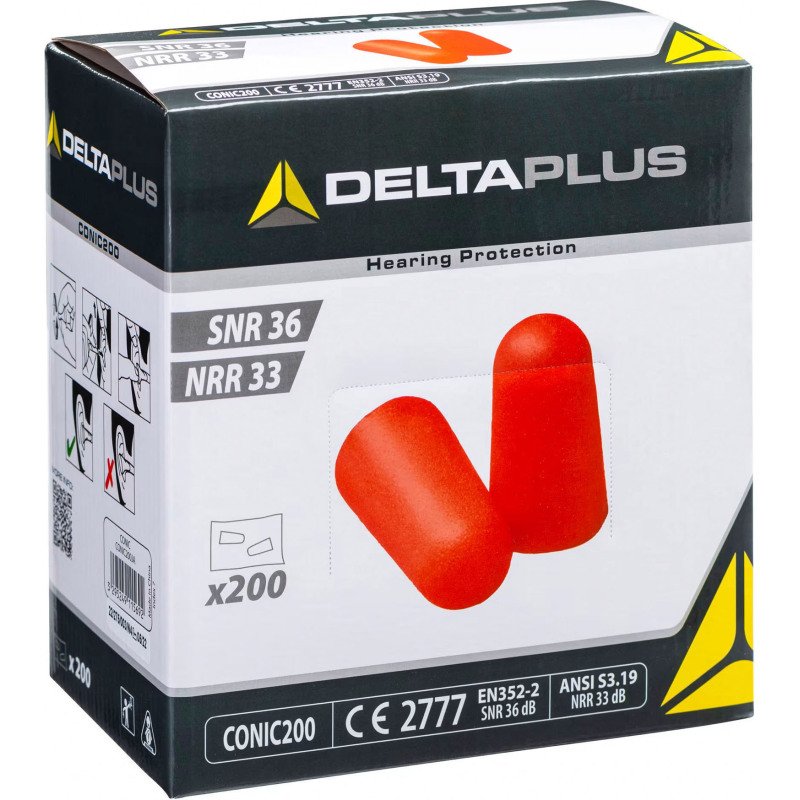 Bouchons d'oreilles jetables Delta Plus CONIC200 - 36 dB - Boîte distributrice de 200 paires