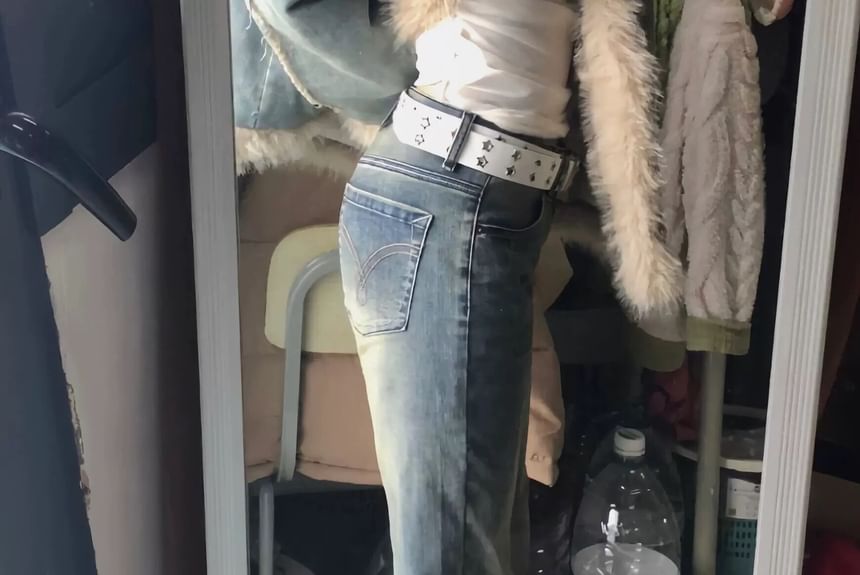 Rosesand - Low Waist Washed Straight-Fit Boot-Cut Jeans