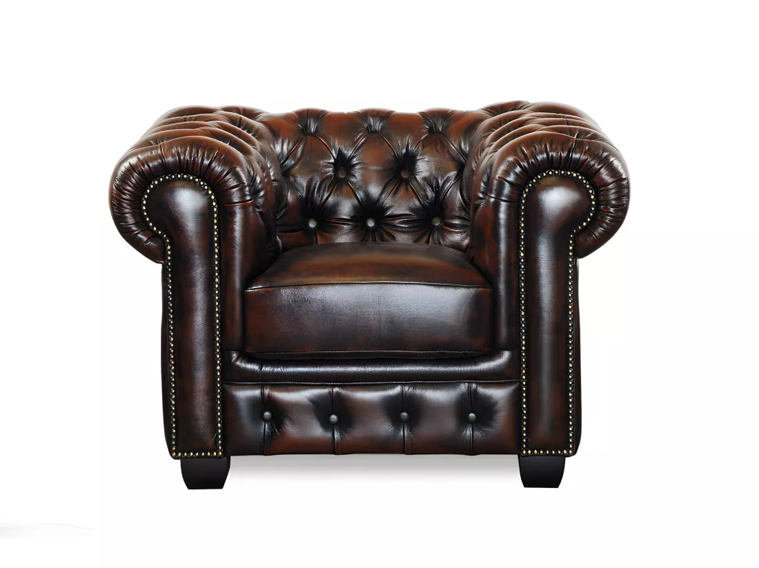 Canapé chesterfield 3 places et un fauteuil BRENTON 100% cuir de buffle - Marron reflets châtains