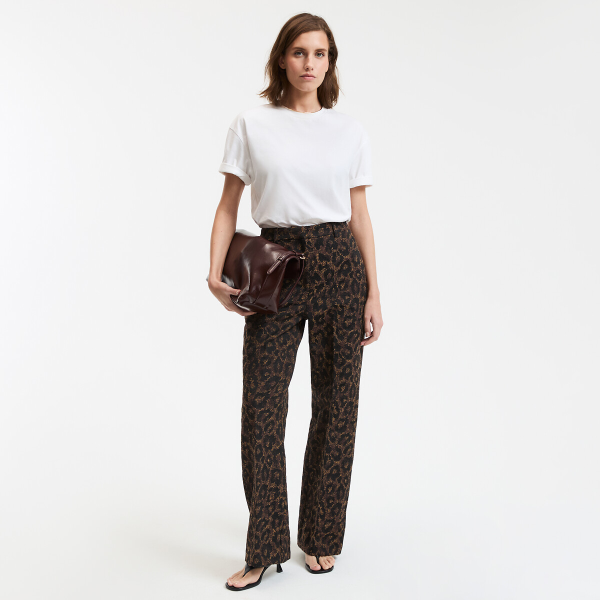COLEÇÕES LA REDOUTE<br>Calças retas de cintura alta em jacquard de leopardo