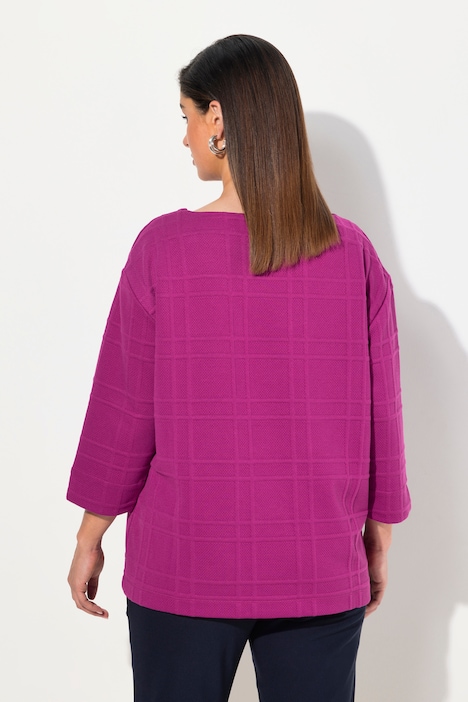 Sweatshirt, Strukturkaro, U-Boot-Ausschnitt, 3/4-Arm
