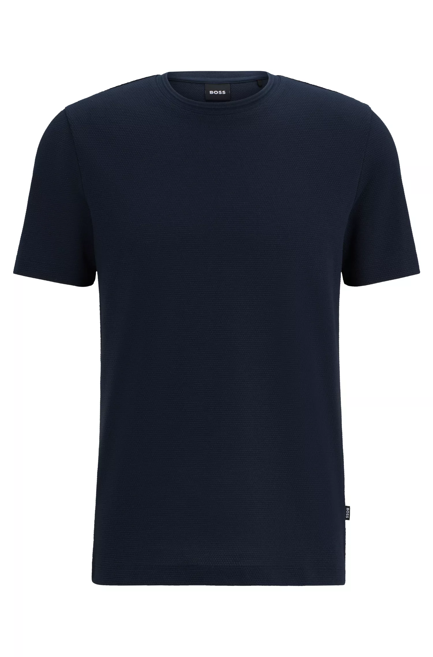 Camiseta BOSS preta em mistura de algodão com estrutura em jacquard de bolhas.