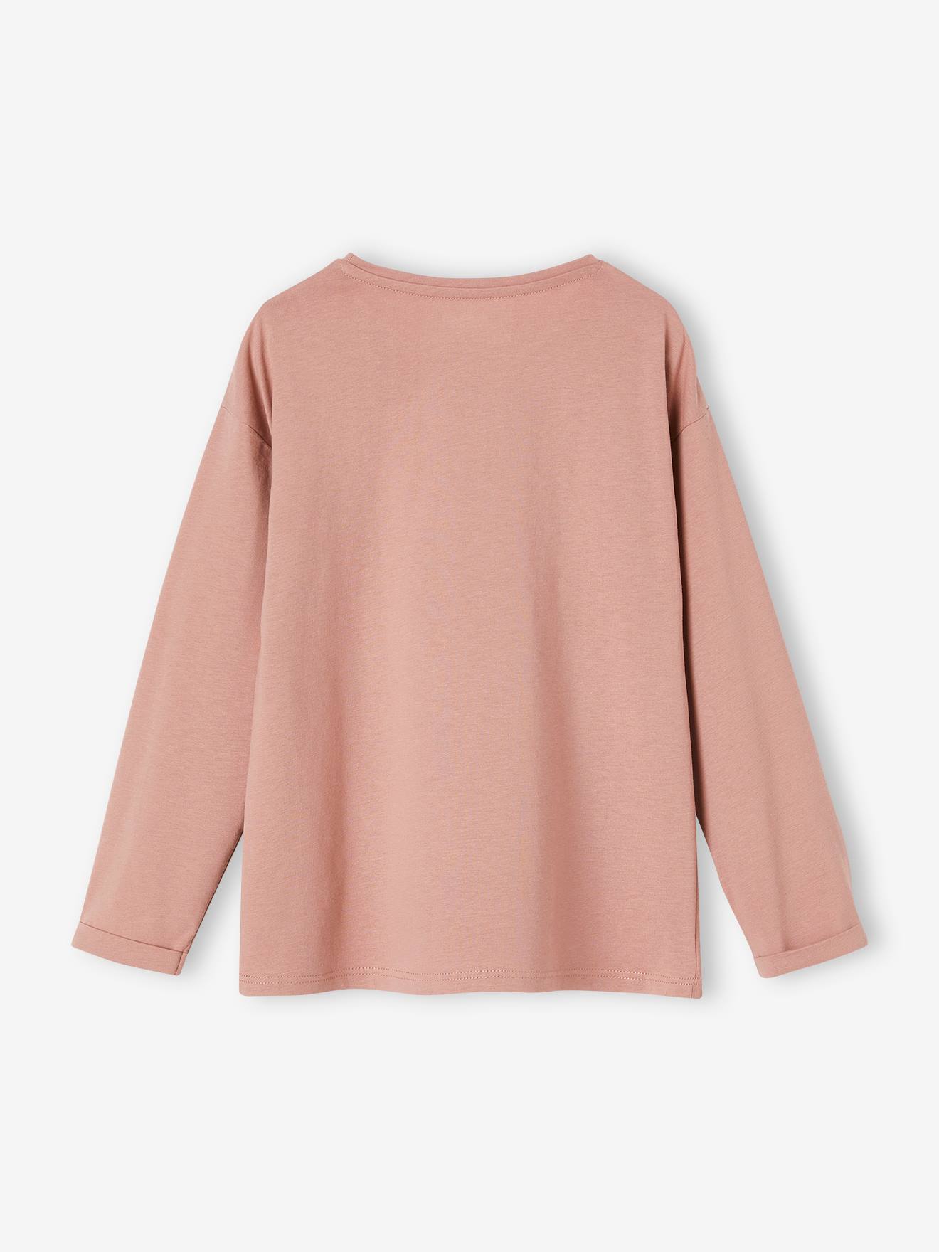 Camiseta com estampa feminina e detalhes de fantasia, camiseta infantil lisa rosa claro com estampas.