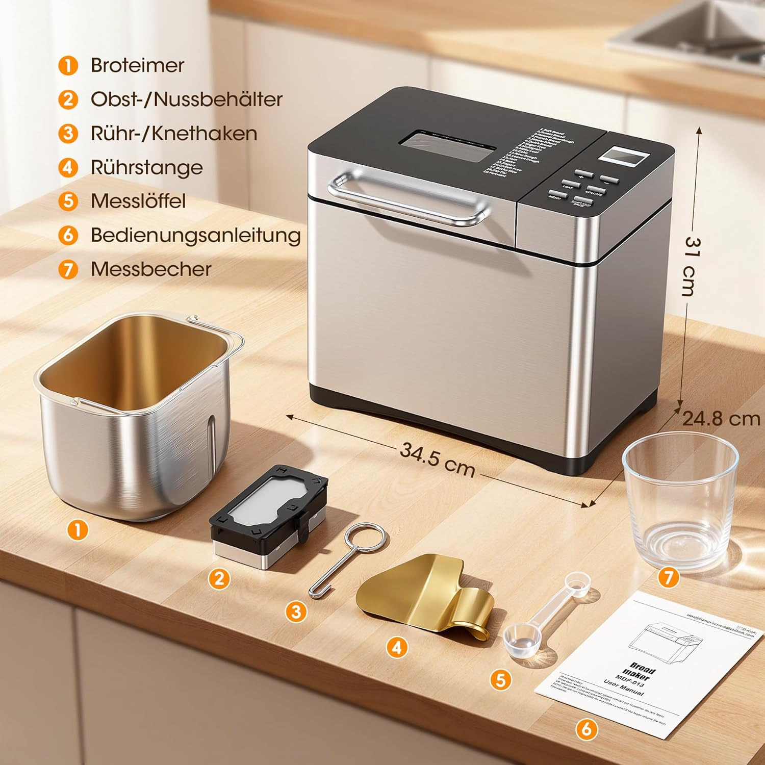 Brotbackautomat mit 19 Programmen & 1000g Fassungsvermögen – Vollautomatische Brotbackmaschine mit 3 Bräunungsstufen, Timer, 710W, Edelstahl-Optik inkl. Sichtfenster & Rezeptbuch