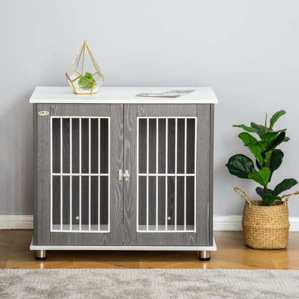 Hundekennel Transportboks I Tre Med Bordplate Og Pute, Bur For Smådyr, Sidebord, Grå+Hvit, 85X55X75Cm