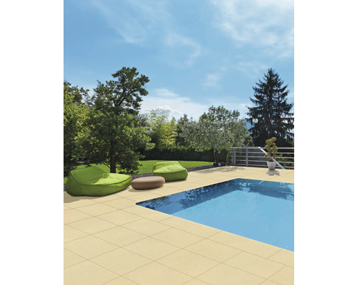 Zwembadrandsteen Licia, aansluitend terrastegel Champagne 46,9 x 49,6 x 3,5 cm
