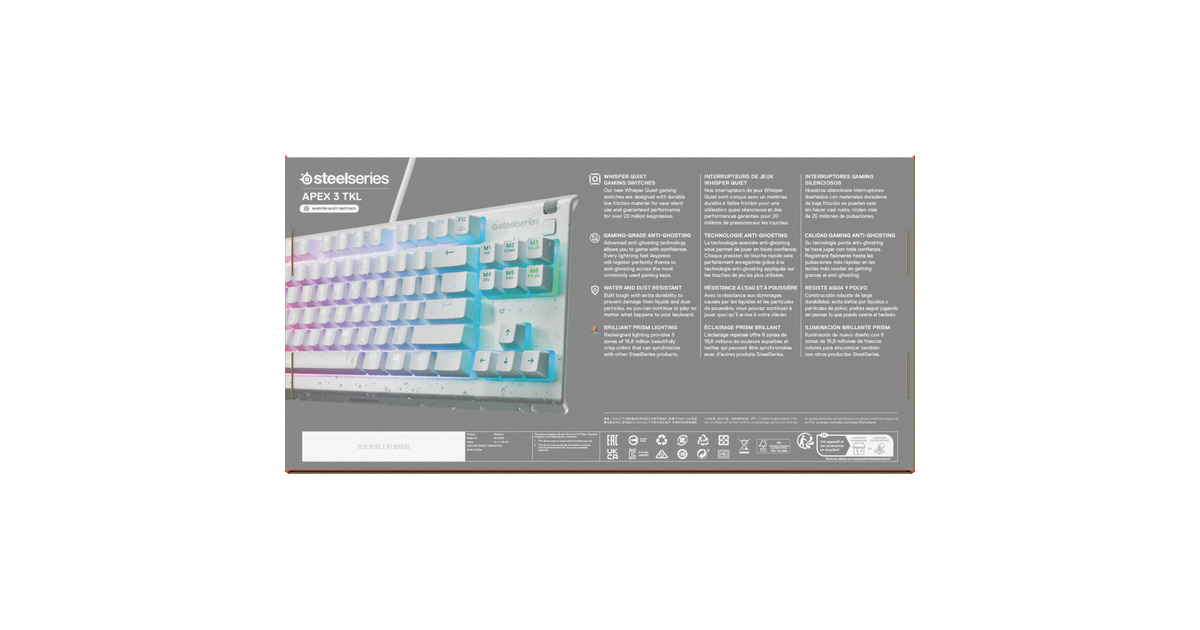 SteelSeriesApex 3 TKL, gaming toetsenbord  (Wit, US lay-out, SteelSeries Whisper-Quiet, RGB leds, TKL)