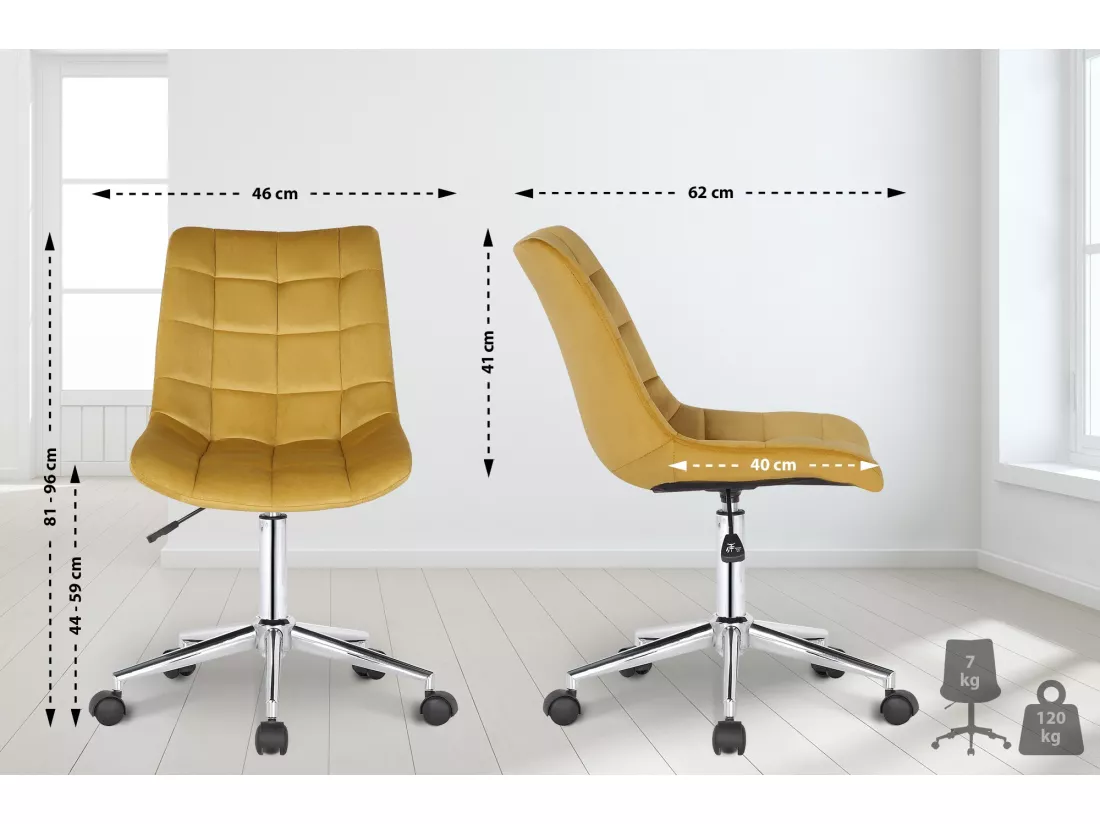 Chaise de bureau - Velours & Métal chromé - Jaune - Medford