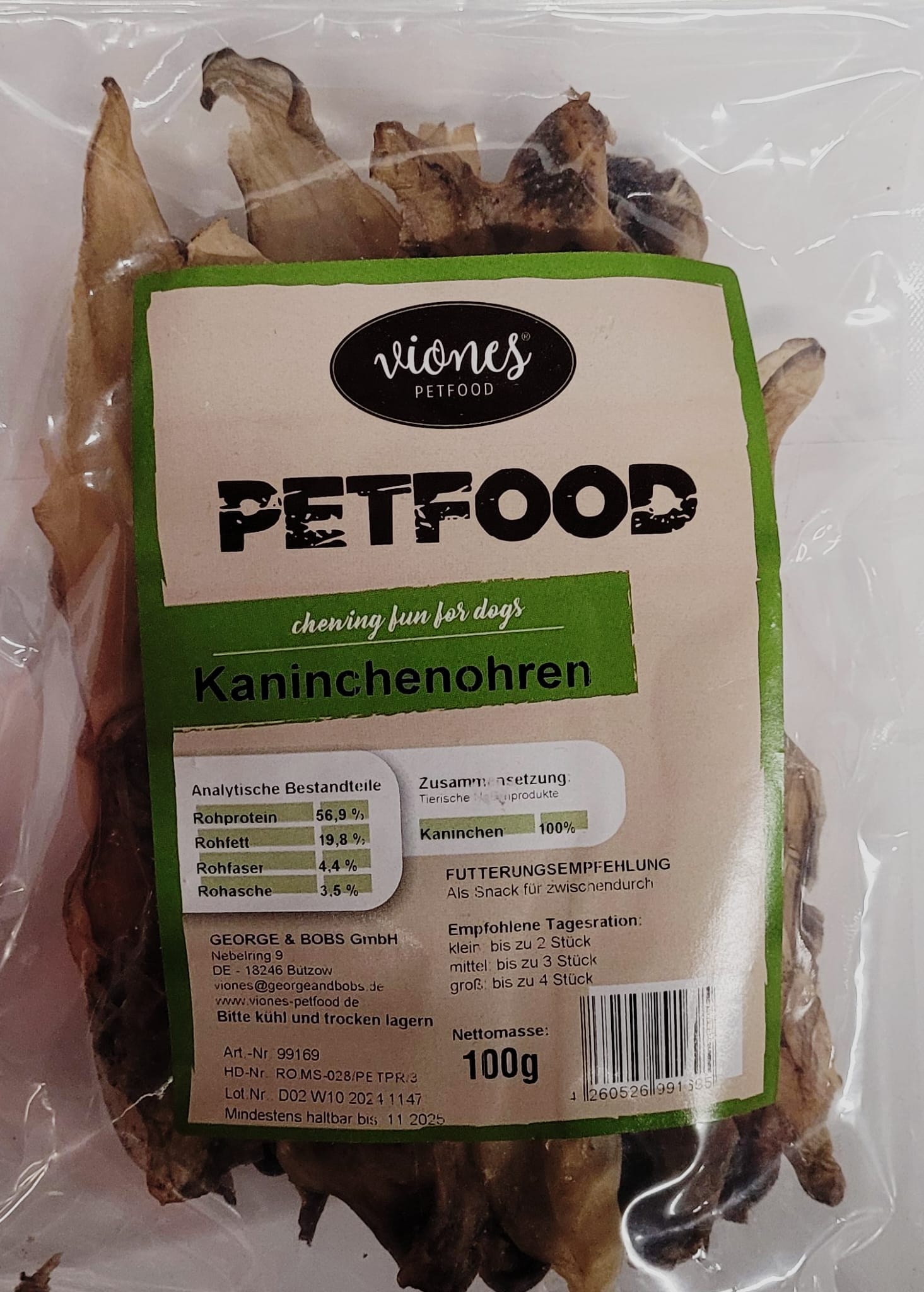 Hundesnack Kaninchenohren 100g MHD:9.9.26