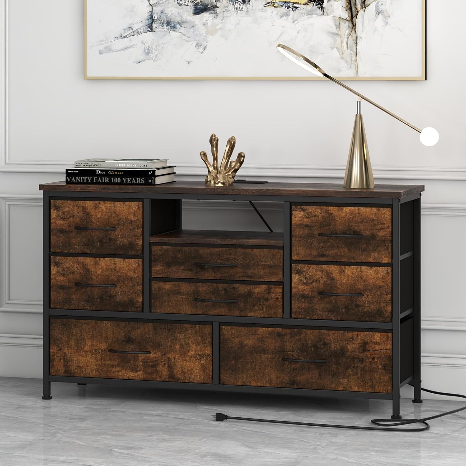 TV-Schrank mit Steckdosen, Kommode mit 8 Schubladen, 2 AC-Steckdosen & 2 USB-Anschlüssen, breiter Fernsehtisch für Wohnzimmer und Schlafzimmer（Tigerstreifen）