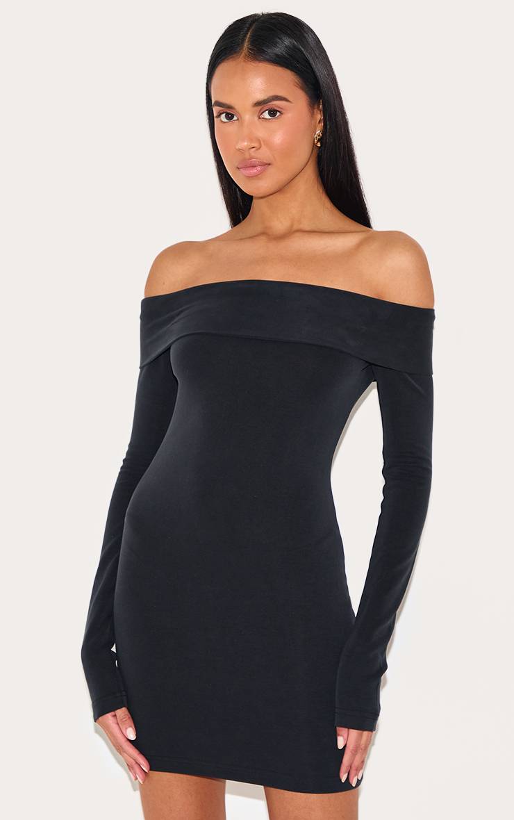 Noir Robe Moulante Premium À Encolure Bardot Et Lignes Galbantes