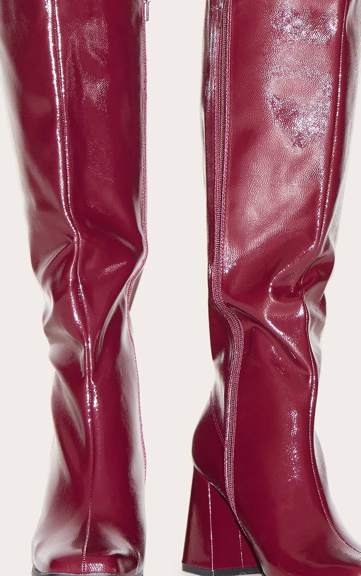Rouge Bordeaux Bottes Hautes Au Genou À Talon Bloc Bout Carré En Synthétiquecuir Coupe Large