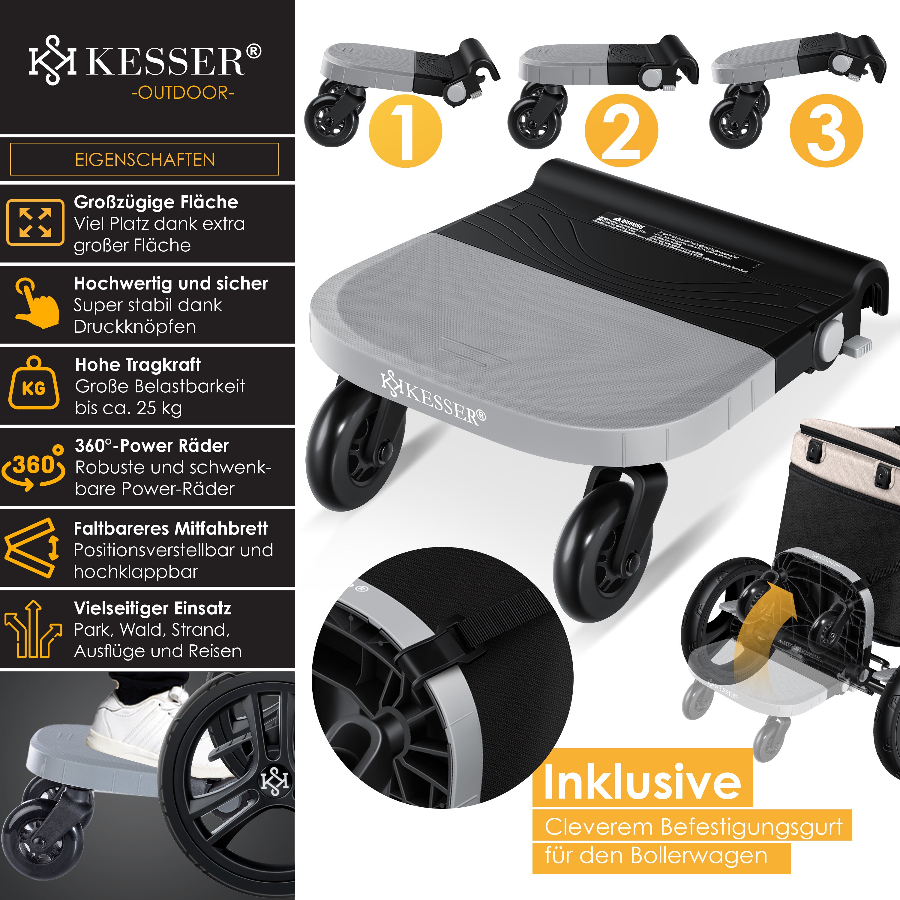 KESSER® Trittbrett Mitfahrbrett Zubehör passend für LOOPS Faltbarer Bollerwagen Handwagen ,mit 360° drehbaren Rädern,bis zu 25 Kg belastbar
