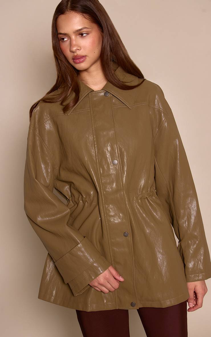 Vert Olive Veste Cintrée En Synthétique Brillant Texturé