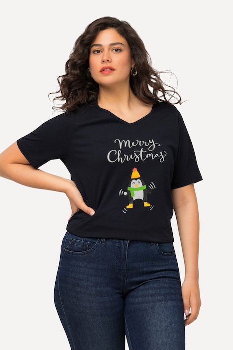 Weihnachts-Shirt, Pinguin, A-Linie, V-Ausschnitt, Halbarm