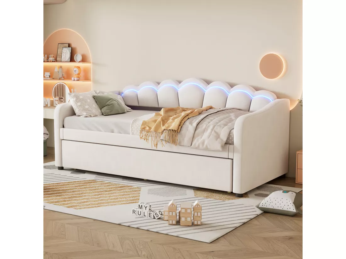 Lit banquette 90x200cm avec LED + lit gigogne 90x190cm - rembourré en tissu velours - Beige (matelas non inclus)
