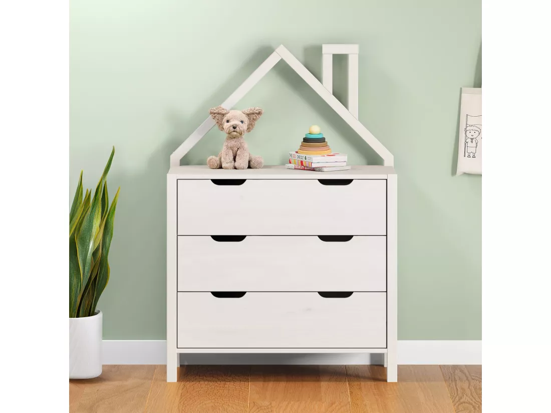 Commode Enfant ELANO en Bois Massif blanc avec 3 Tiroirs de Rangement, 84 x 120 x 41 cm, Meuble Chambre