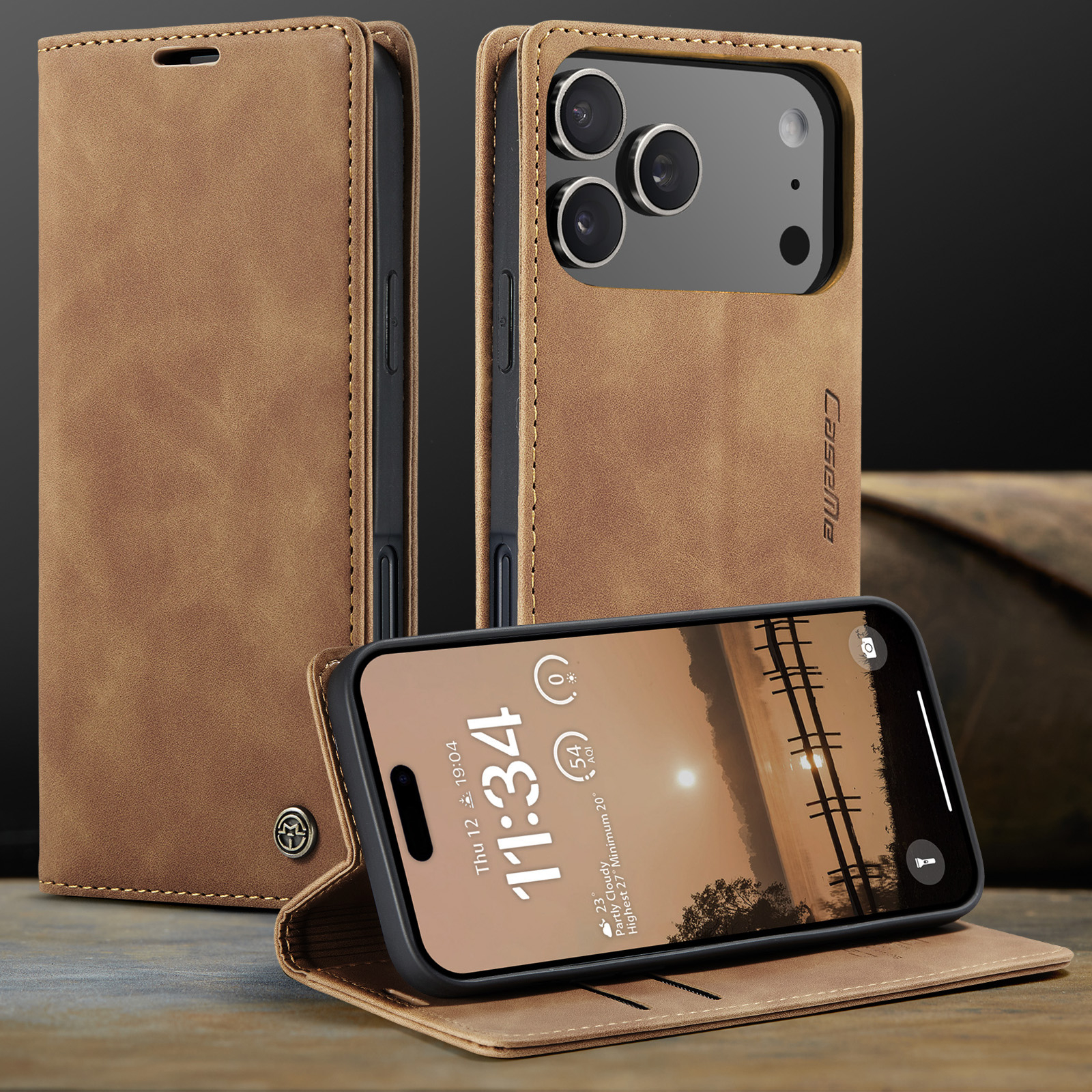 iPhone 17 Pro Max Leder Tasche Flip Wallet Etui mit Kartenfächern - Hellbraun