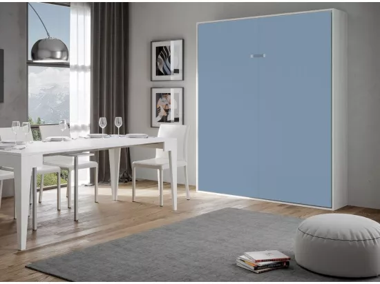 Lit escamotable vertical frêne blanc et porte bleu clair kanto 160x190