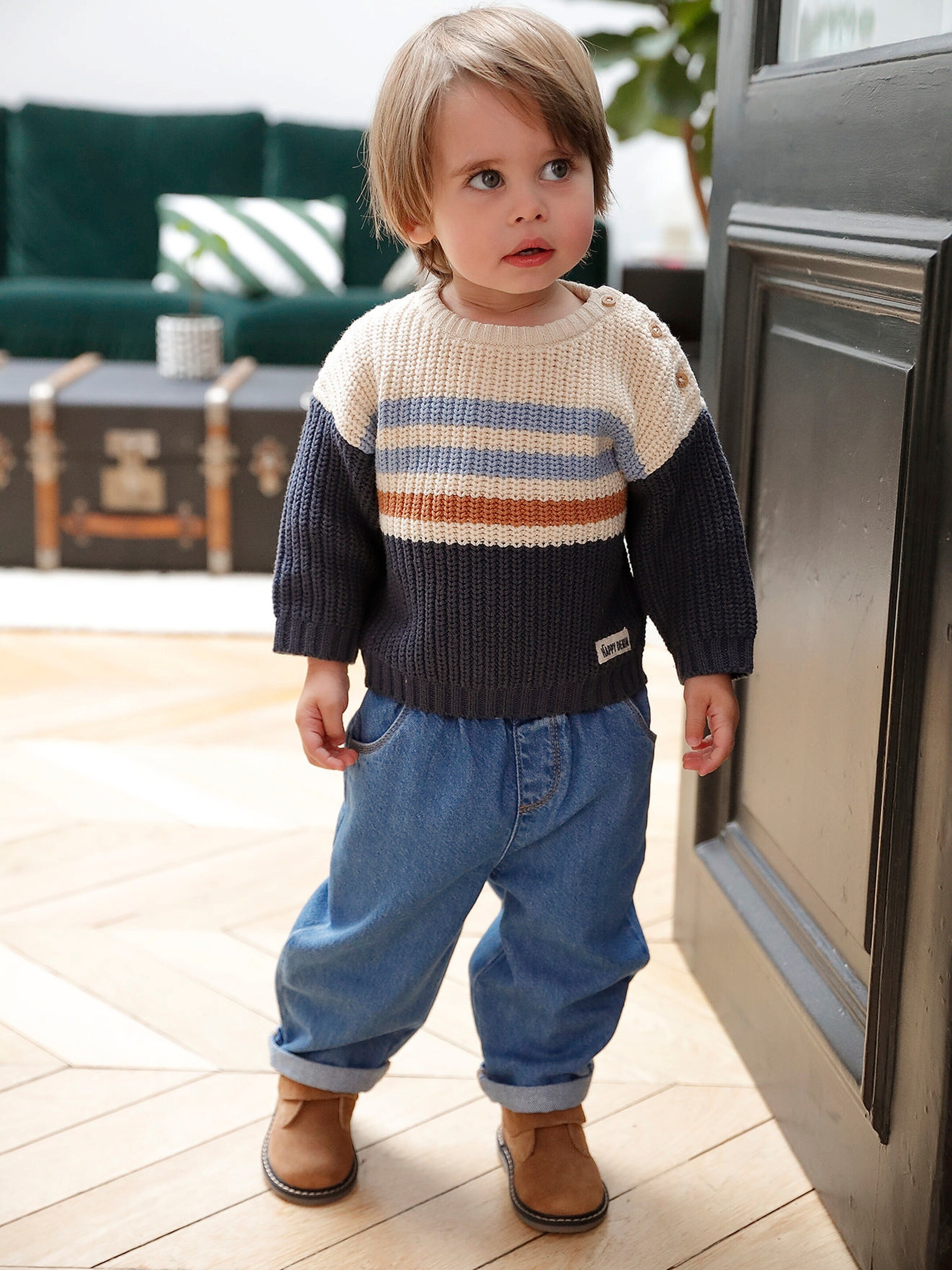 Vertbaudet Gestreifter Jungen Baby Pullover mit Knöpfen schieferblau